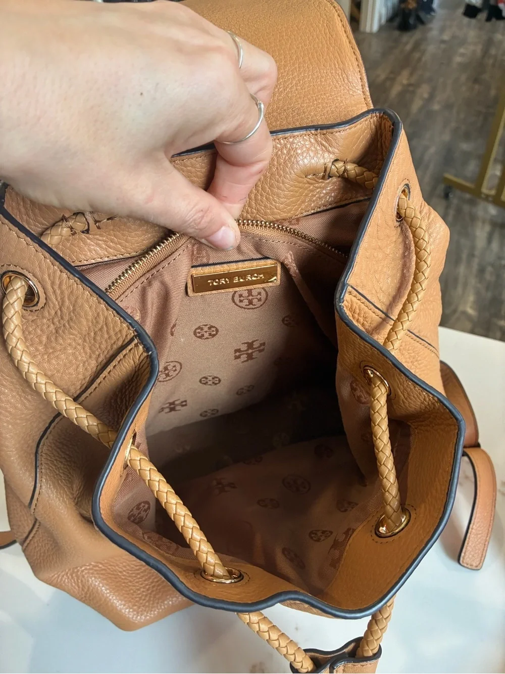 Tory Burch Tan Pebbled Leather Tassel Backpack